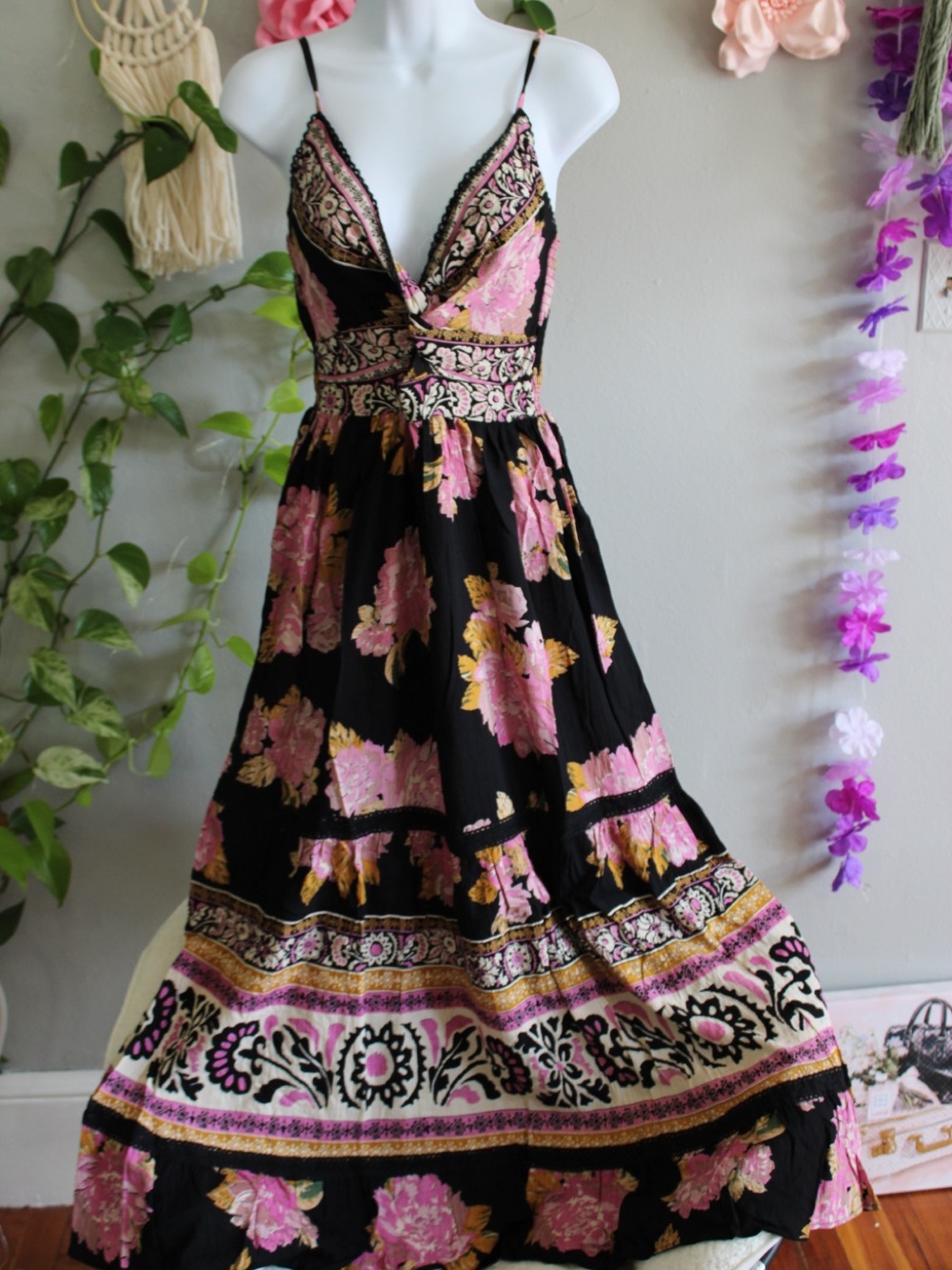 Peekaboo by Angie NWT Black Floral Boho Maxi Dress |